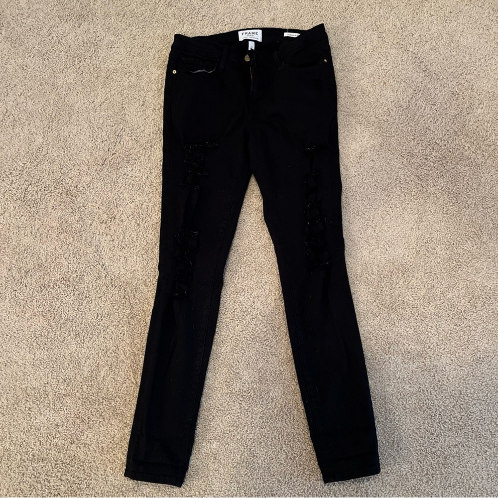Frame Le Skinny De Jeanne Distressed Destroyed Ripped Jeans In Film Noir Size 28